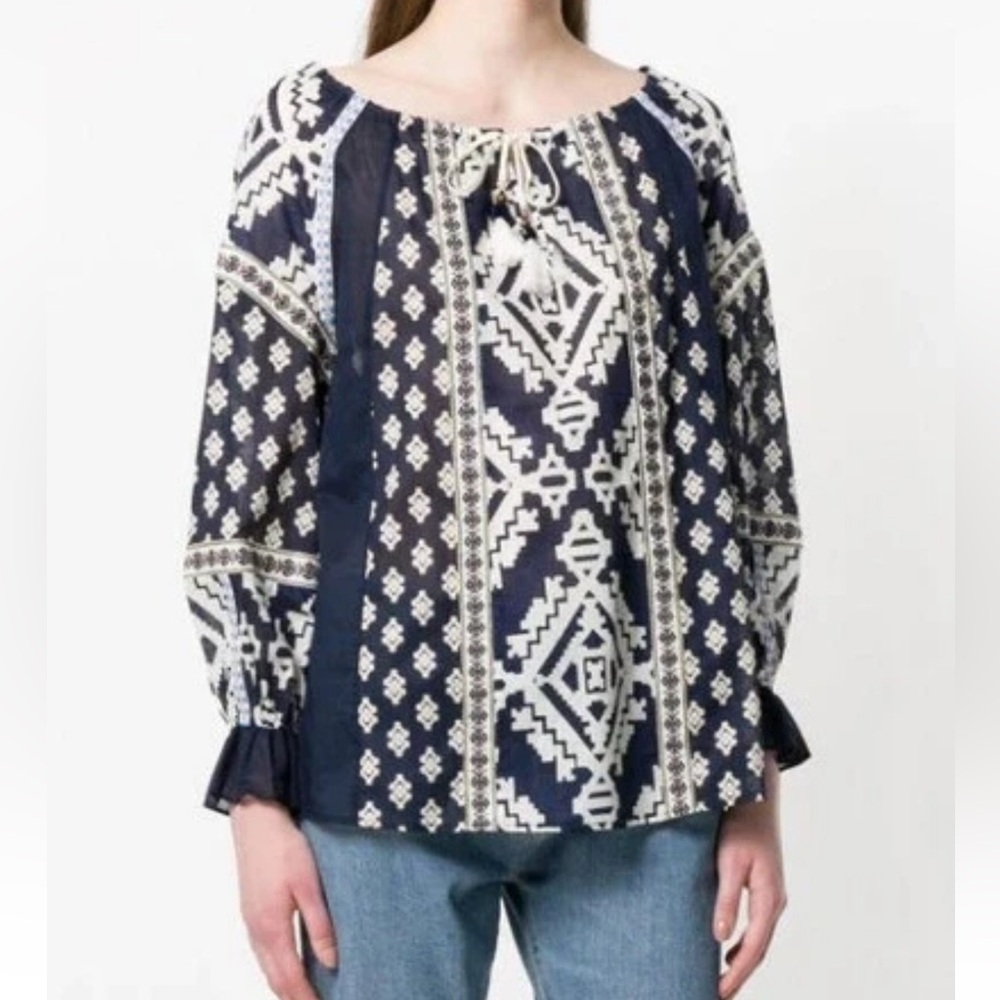 Tory Burch Candice Printed Silk Cotton Blouse in Blue $496